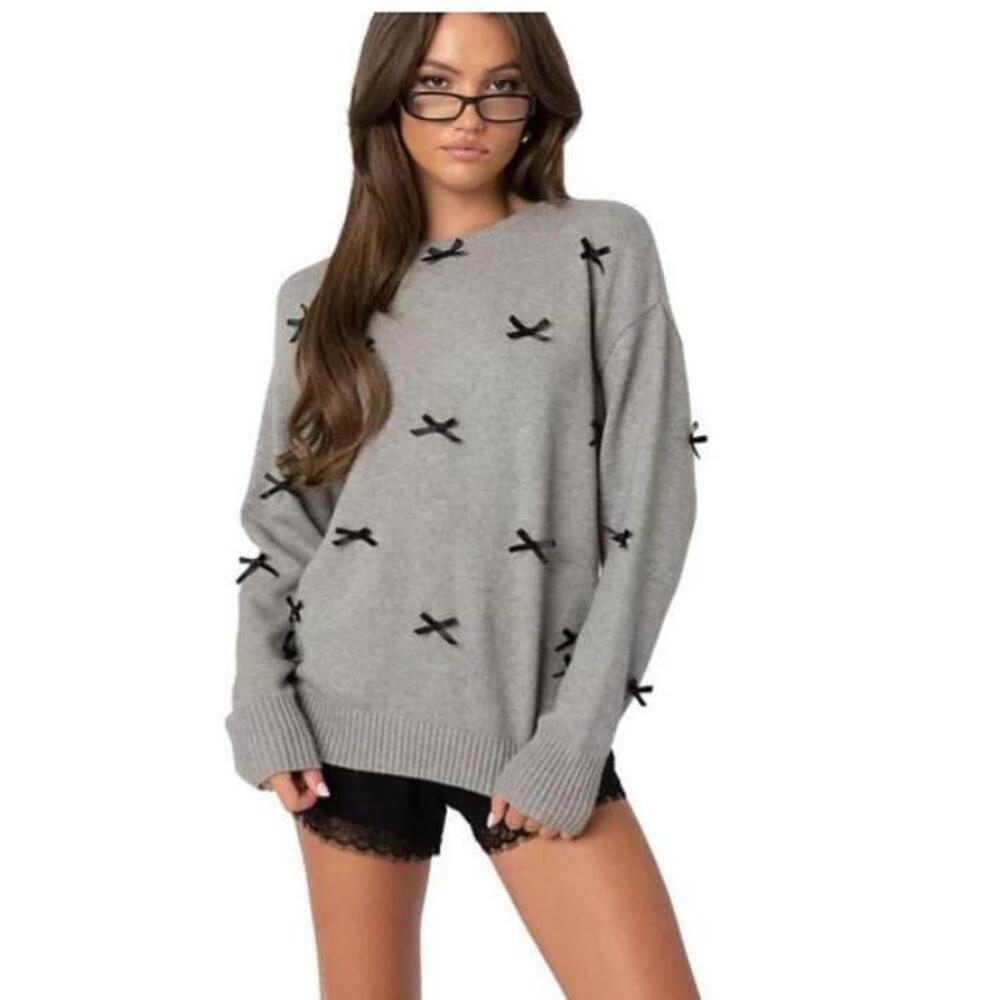 Edikted Women's Gray Satin Bow Oversized Sweater XS NWT - Picture 1 of 4